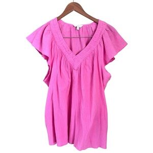 Lucky Brand Cotton Gauze V Neck Flutter Sleeve Blouse Pink Size Large